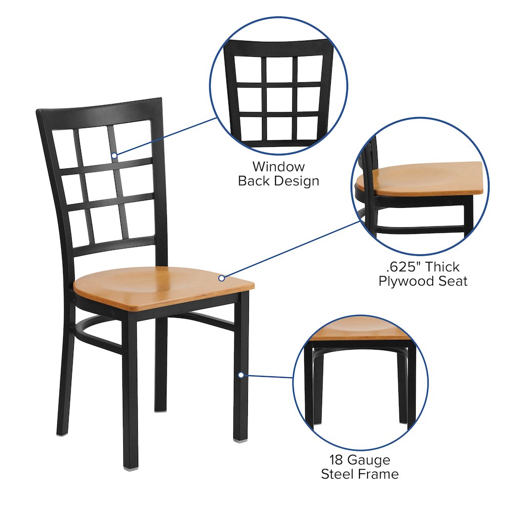 Black Window Back Metal Restaurant Chair - Natural Wood Seat. Picture 4