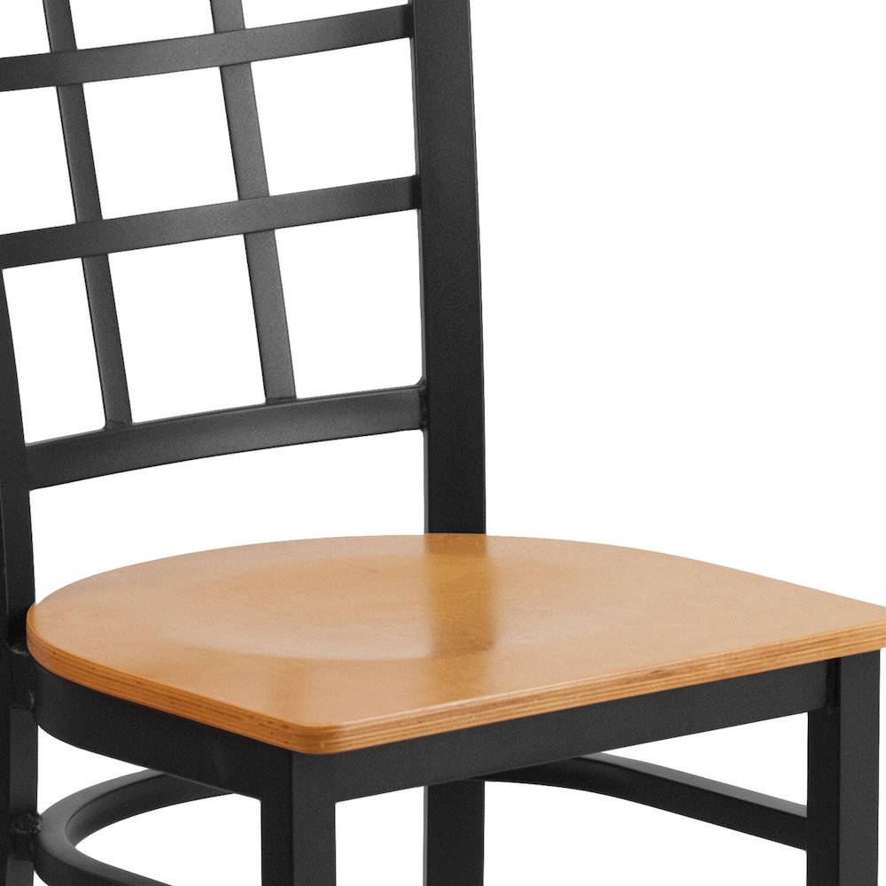 Black Window Back Metal Restaurant Chair - Natural Wood Seat. Picture 7