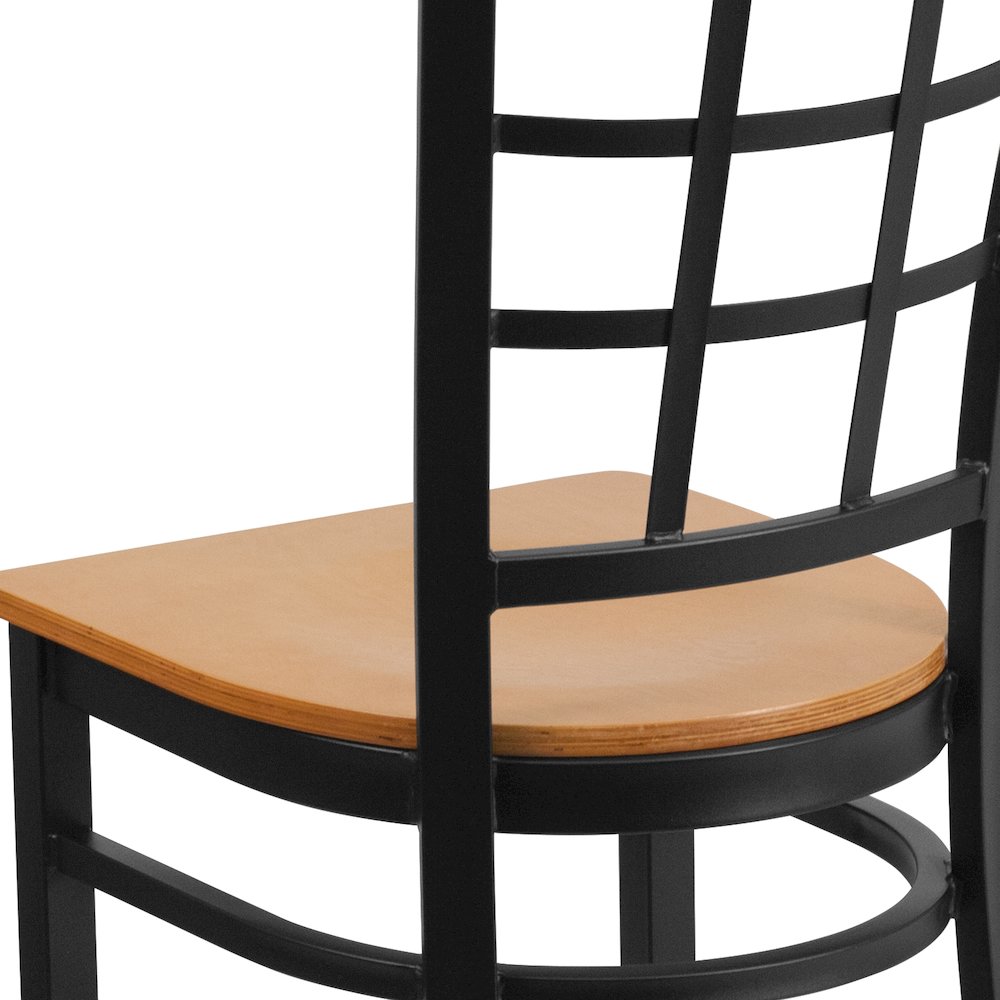 Black Window Back Metal Restaurant Chair - Natural Wood Seat. Picture 10