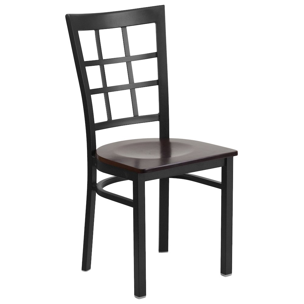 Black Window Back Metal Restaurant Chair - Walnut Wood Seat. Picture 1