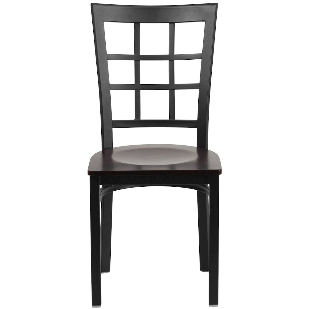 Black Window Back Metal Restaurant Chair - Walnut Wood Seat. Picture 9