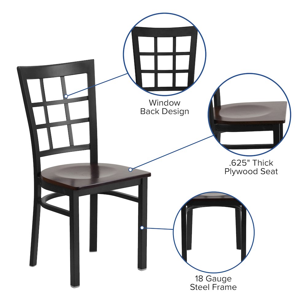 Black Window Back Metal Restaurant Chair - Walnut Wood Seat. Picture 4