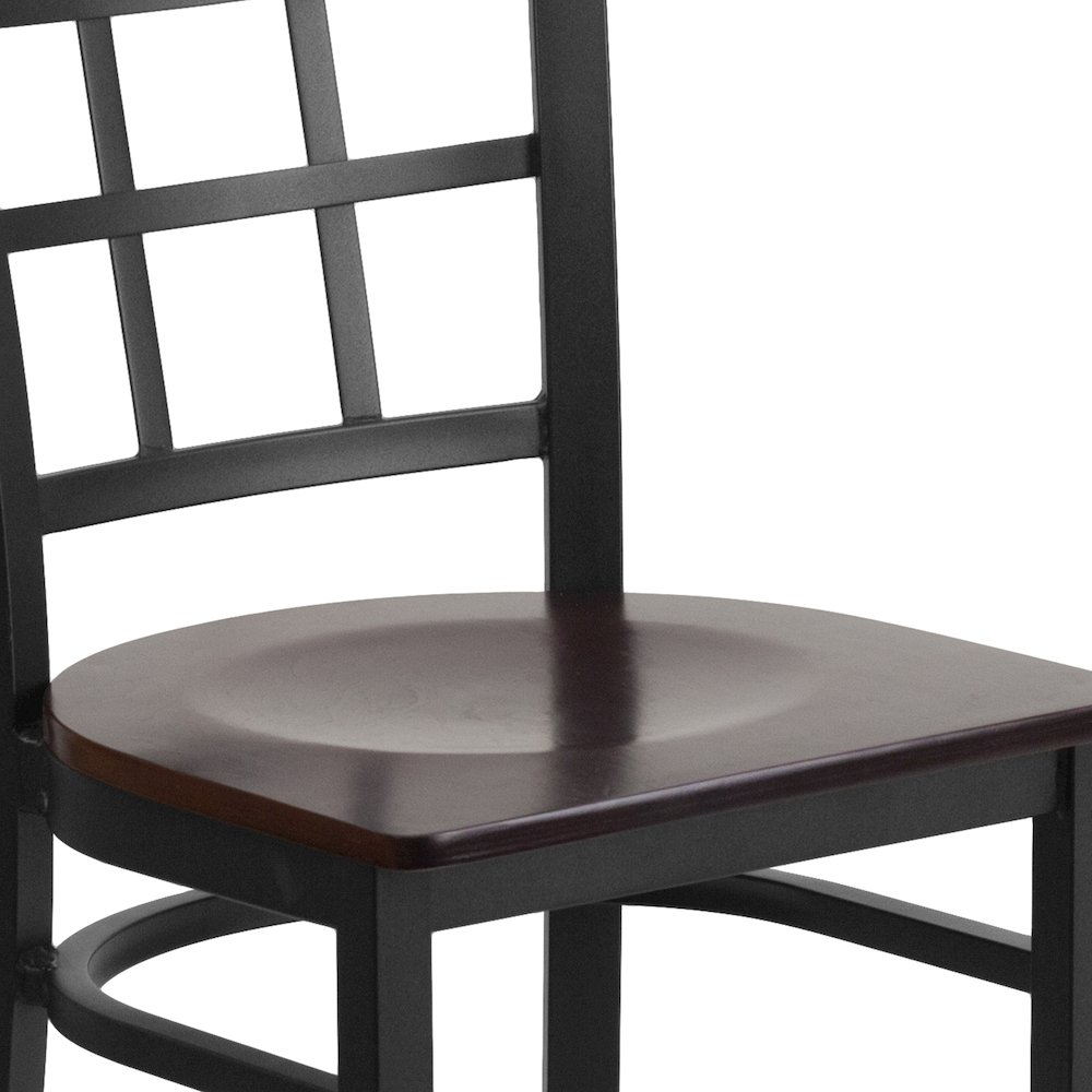 Black Window Back Metal Restaurant Chair - Walnut Wood Seat. Picture 7