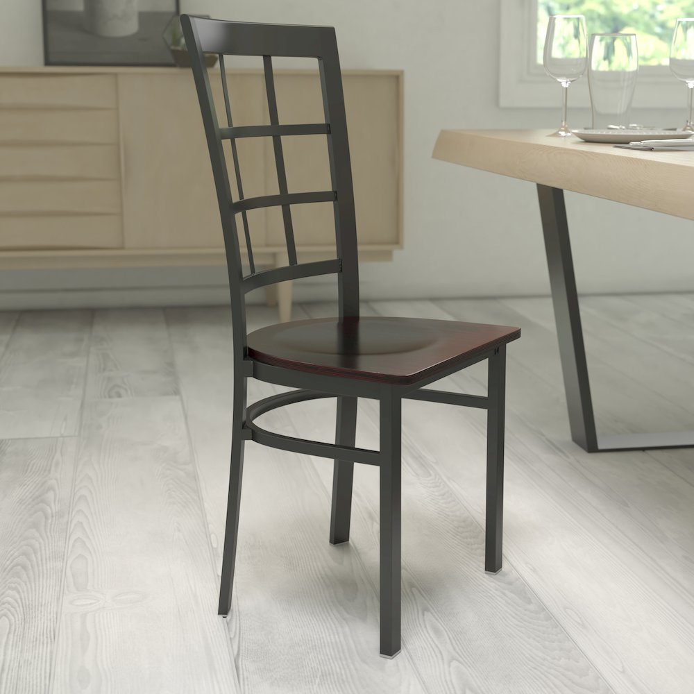 Black Window Back Metal Restaurant Chair - Walnut Wood Seat. Picture 2