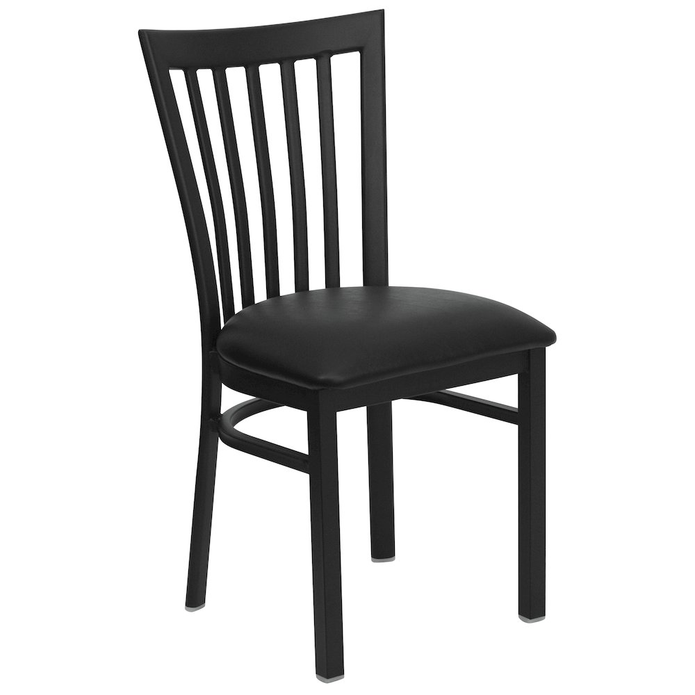 Black School House Back Metal Restaurant Chair - Black Vinyl Seat. Picture 1