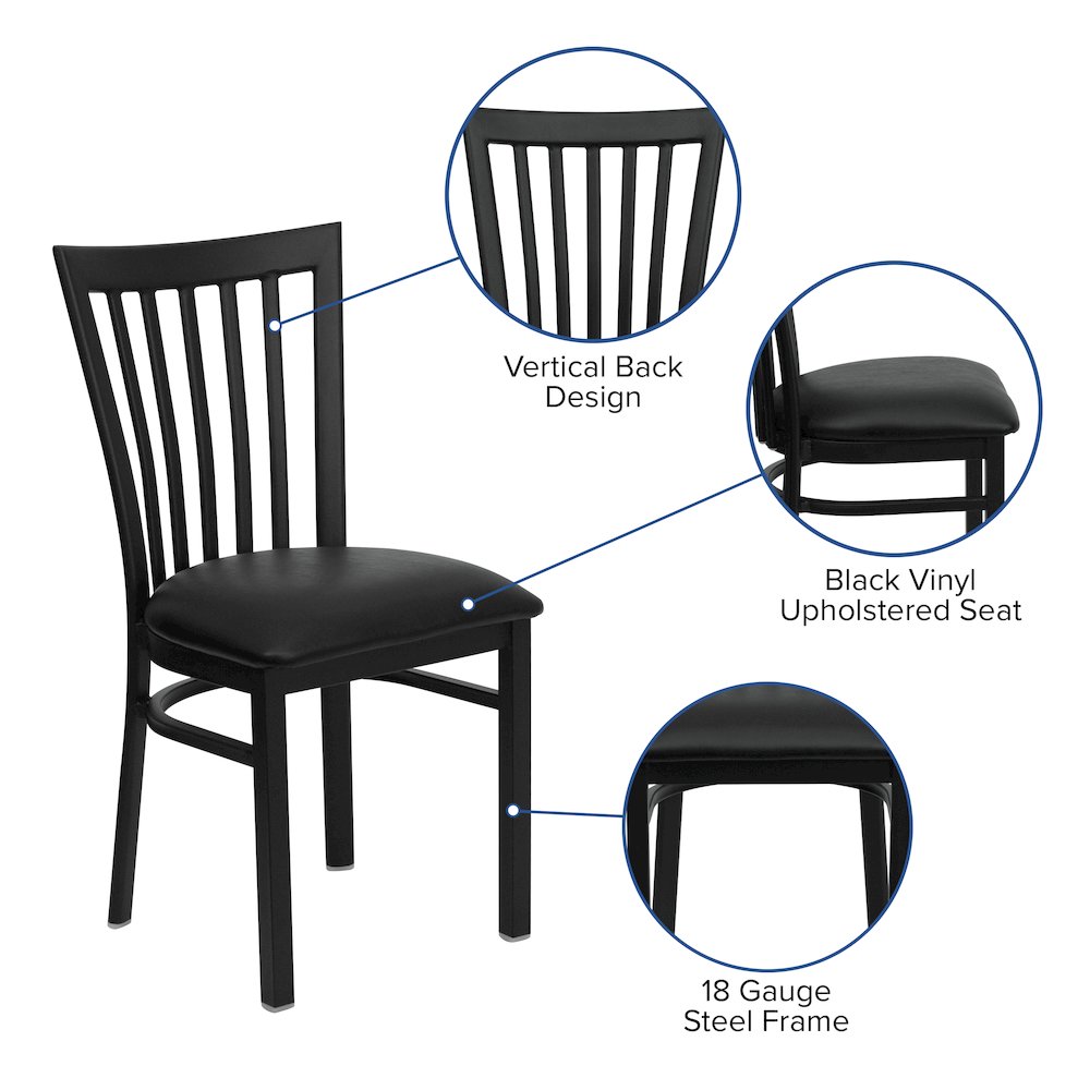 Black School House Back Metal Restaurant Chair - Black Vinyl Seat. Picture 5
