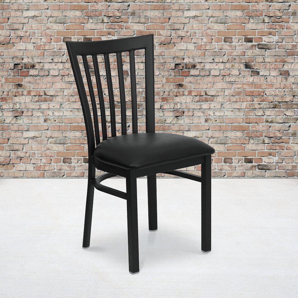 Black School House Back Metal Restaurant Chair - Black Vinyl Seat. Picture 5