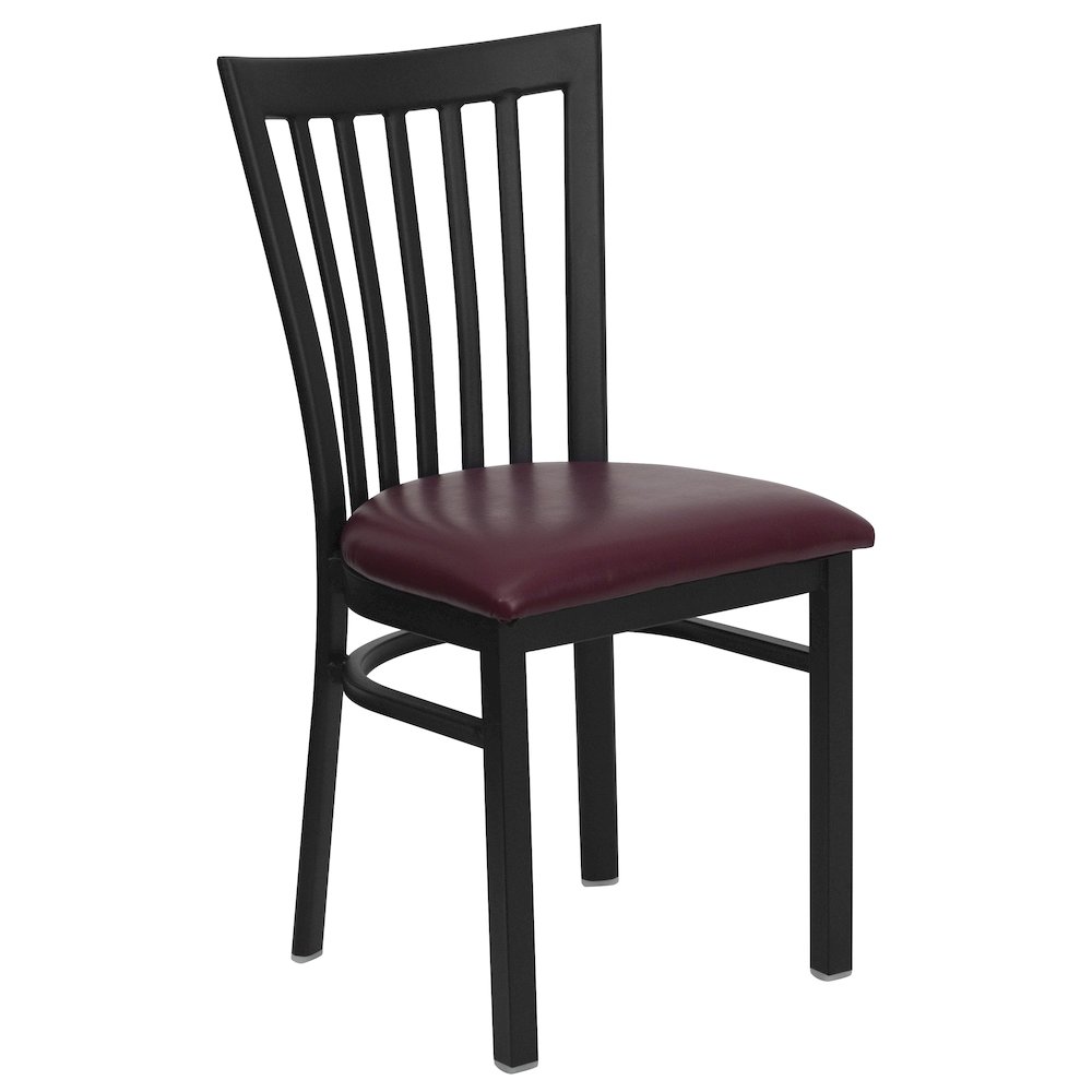 Black School House Back Metal Restaurant Chair - Burgundy Vinyl Seat. Picture 1