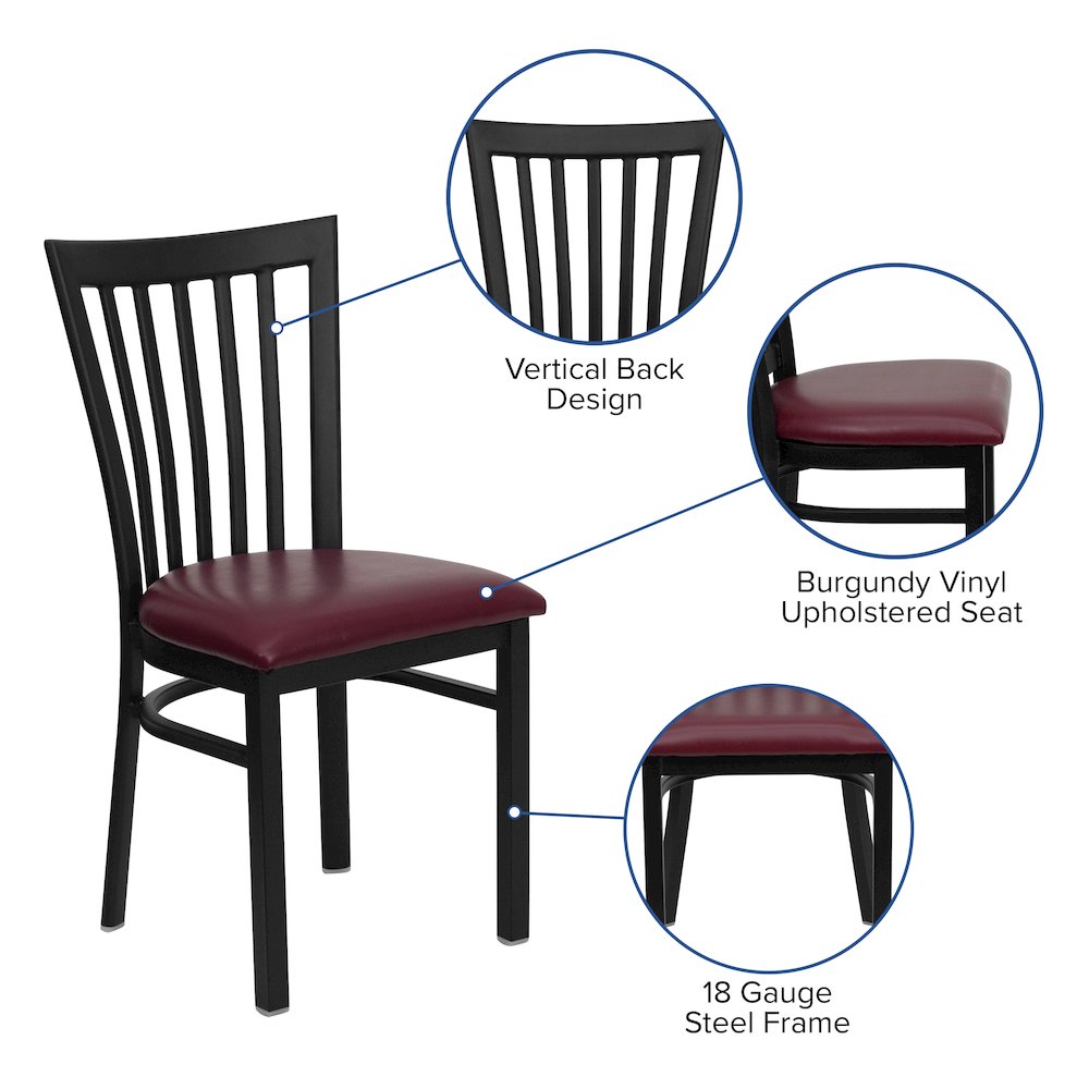Black School House Back Metal Restaurant Chair - Burgundy Vinyl Seat. Picture 4