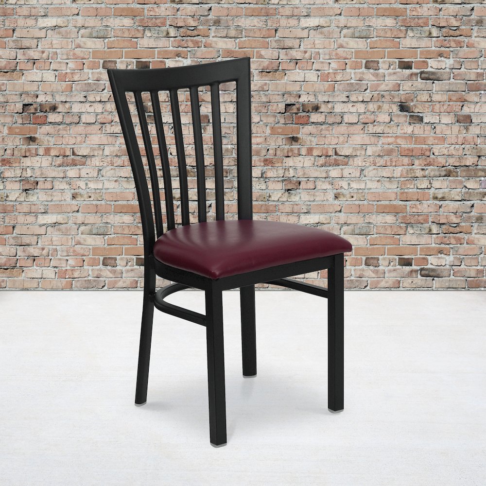 Black School House Back Metal Restaurant Chair - Burgundy Vinyl Seat. Picture 5