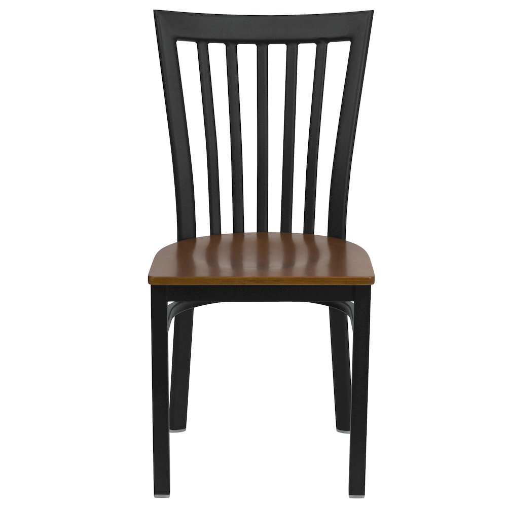 Black School House Back Metal Restaurant Chair - Cherry Wood Seat. Picture 10