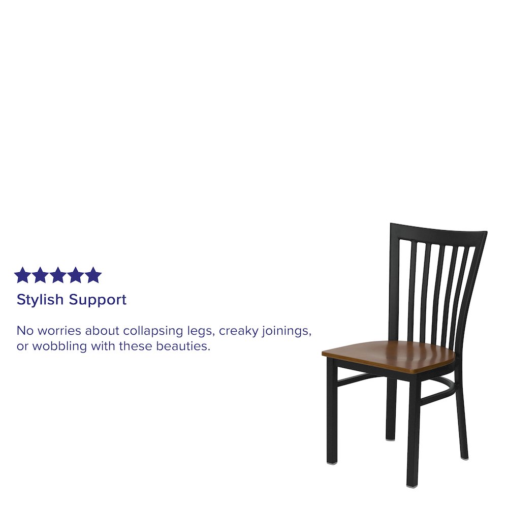 Black School House Back Metal Restaurant Chair - Cherry Wood Seat. Picture 4