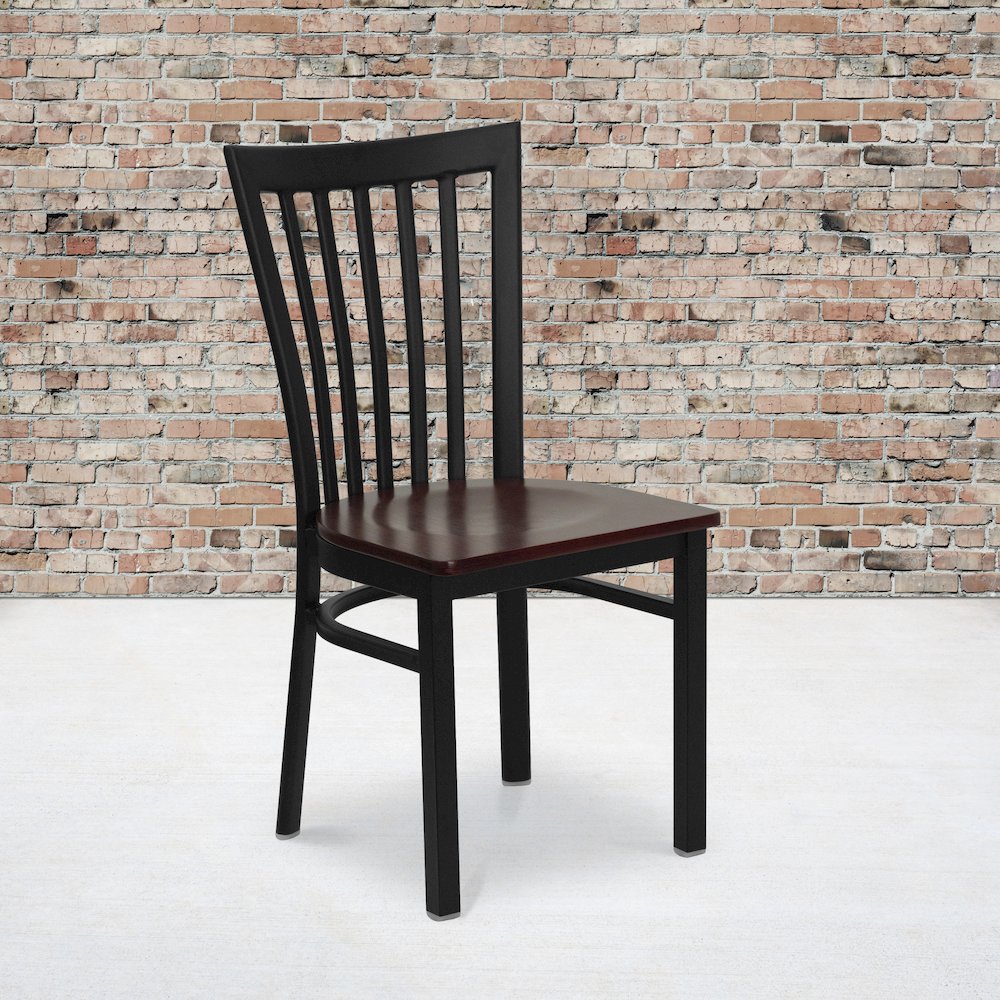 Black School House Back Metal Restaurant Chair - Mahogany Wood Seat. Picture 6