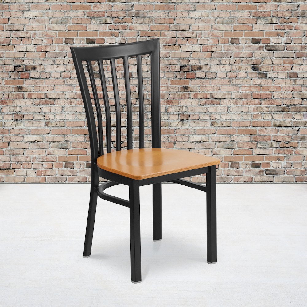 Black School House Back Metal Restaurant Chair - Natural Wood Seat. Picture 2