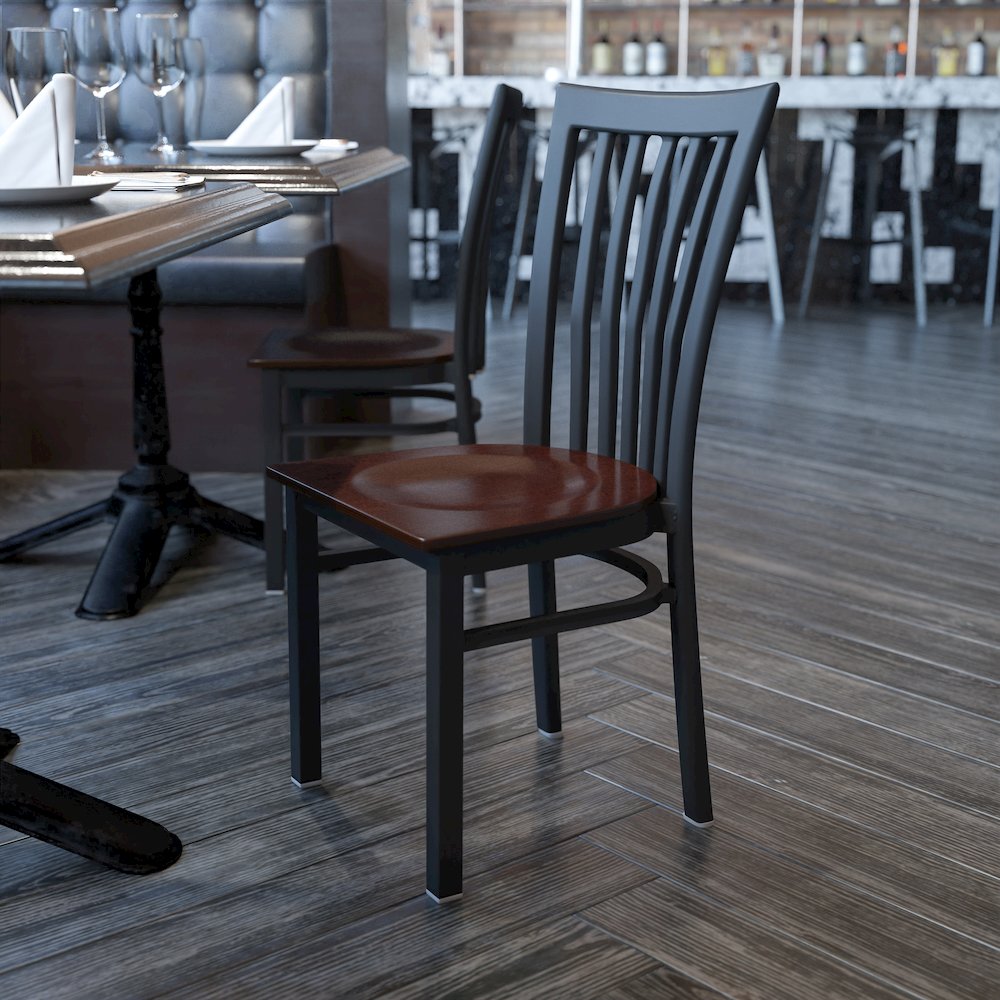Black School House Back Metal Restaurant Chair - Walnut Wood Seat. Picture 2