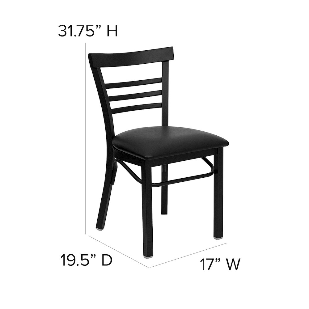 Black Three-Slat Ladder Back Metal Restaurant Chair - Black Vinyl Seat. Picture 5