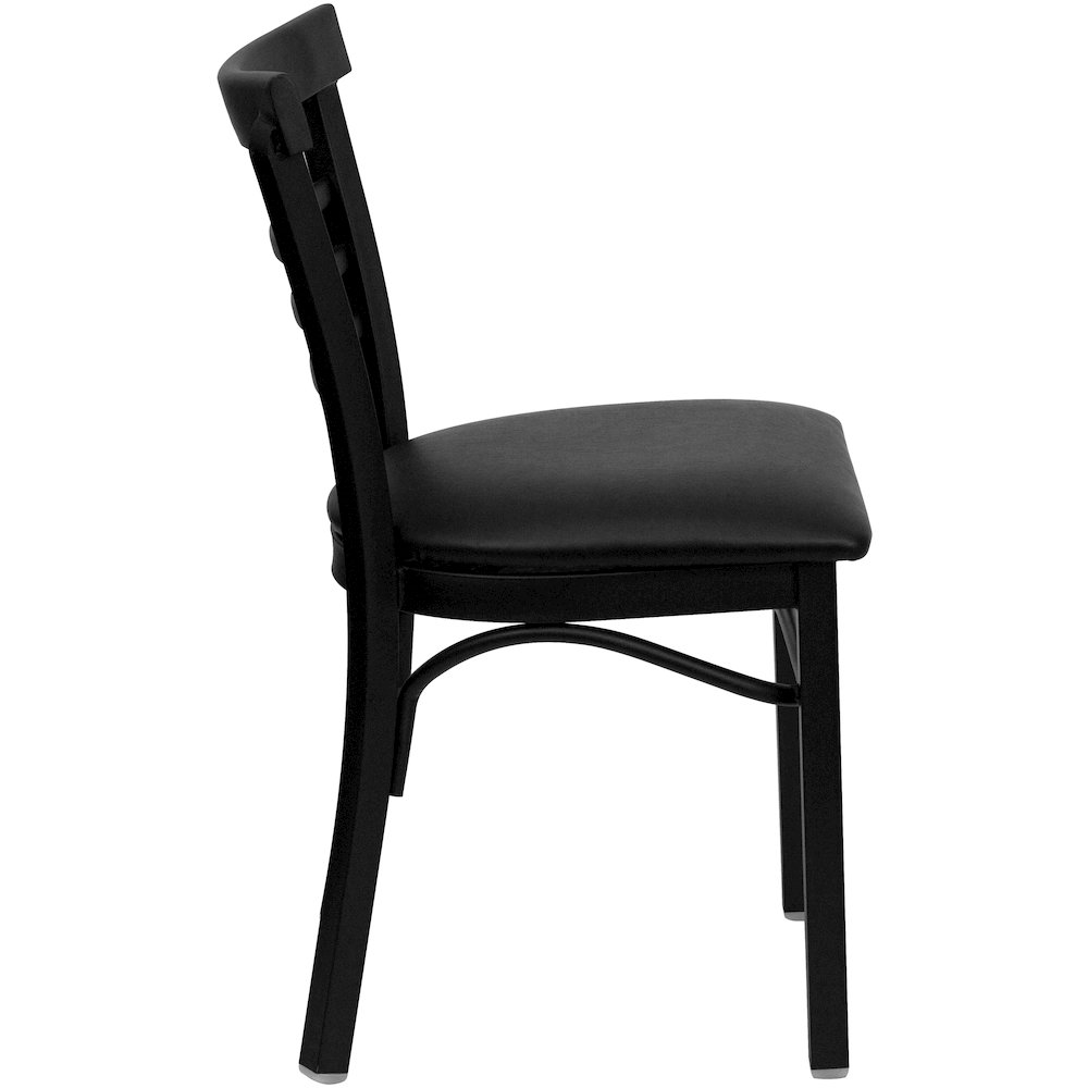 Black Three-Slat Ladder Back Metal Restaurant Chair - Black Vinyl Seat. Picture 8