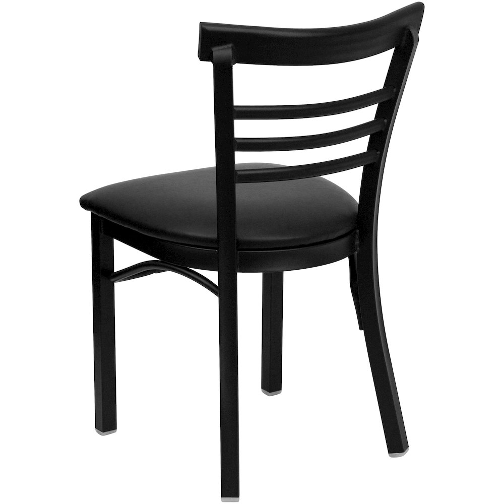 Black Three-Slat Ladder Back Metal Restaurant Chair - Black Vinyl Seat. Picture 6
