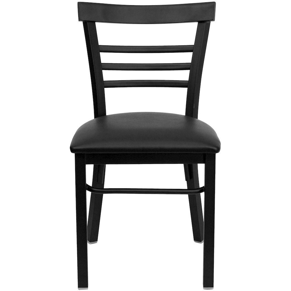 Black Three-Slat Ladder Back Metal Restaurant Chair - Black Vinyl Seat. Picture 9