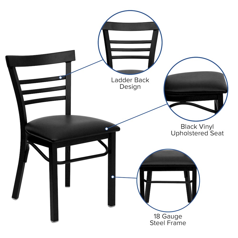 Black Three-Slat Ladder Back Metal Restaurant Chair - Black Vinyl Seat. Picture 4