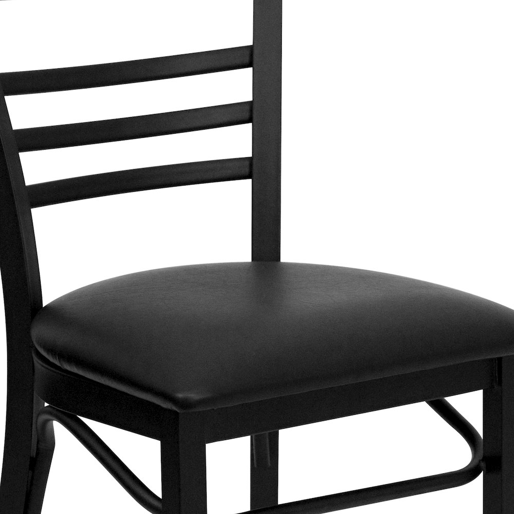 Black Three-Slat Ladder Back Metal Restaurant Chair - Black Vinyl Seat. Picture 7