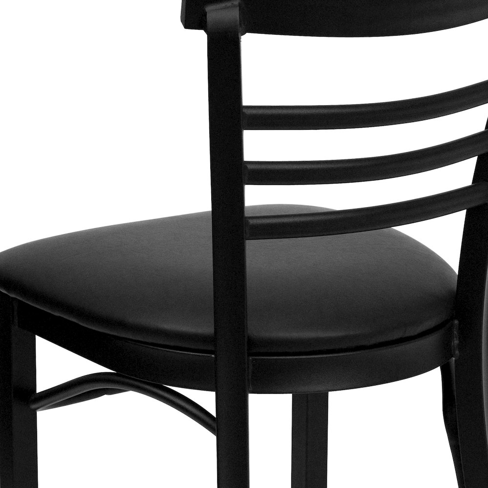 Black Three-Slat Ladder Back Metal Restaurant Chair - Black Vinyl Seat. Picture 10