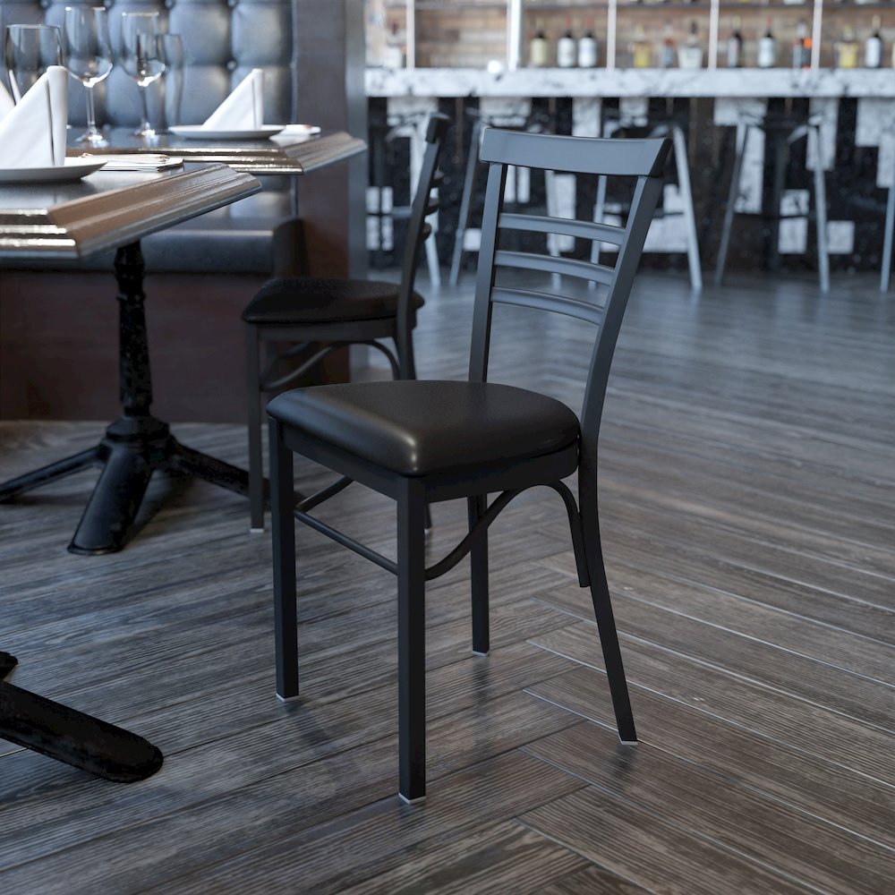Black Three-Slat Ladder Back Metal Restaurant Chair - Black Vinyl Seat. Picture 2
