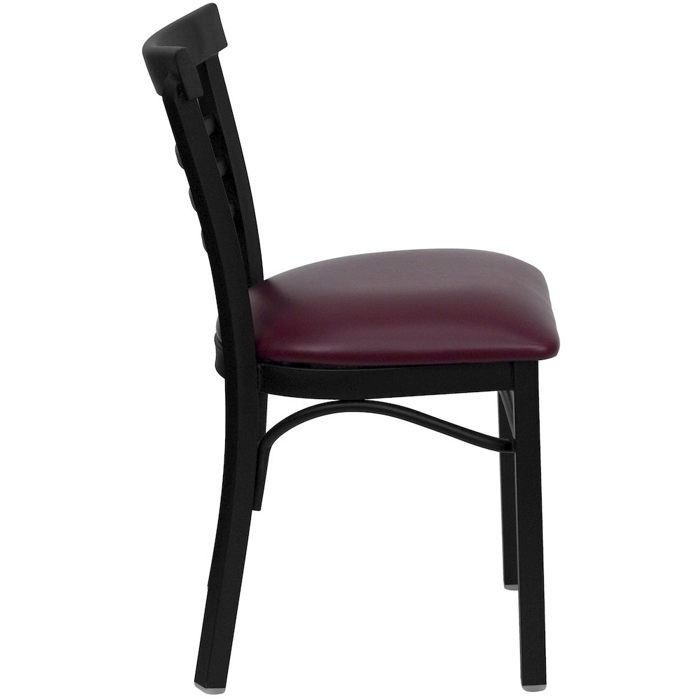 Black Three-Slat Ladder Back Metal Restaurant Chair - Burgundy Vinyl Seat. Picture 2