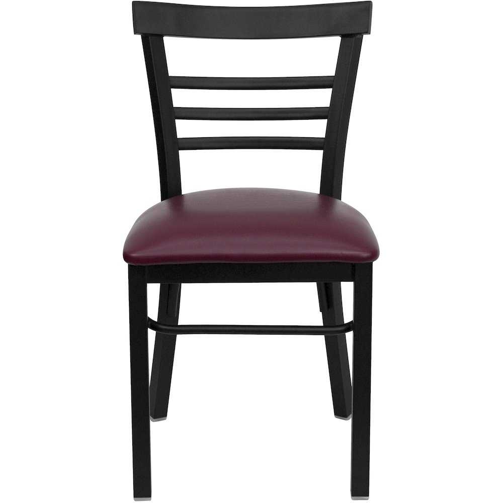 Black Three-Slat Ladder Back Metal Restaurant Chair - Burgundy Vinyl Seat. Picture 4