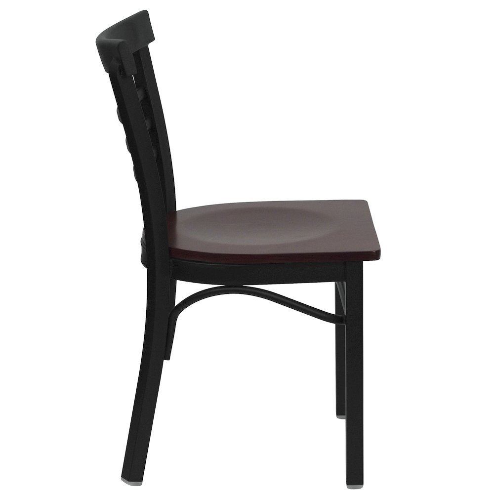 Black Three-Slat Ladder Back Metal Restaurant Chair - Mahogany Wood Seat. Picture 5