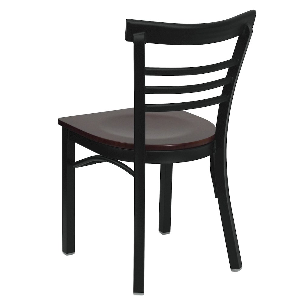 Black Three-Slat Ladder Back Metal Restaurant Chair - Mahogany Wood Seat. Picture 4