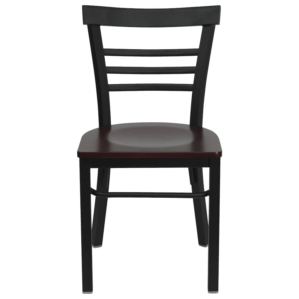 Black Three-Slat Ladder Back Metal Restaurant Chair - Mahogany Wood Seat. Picture 6