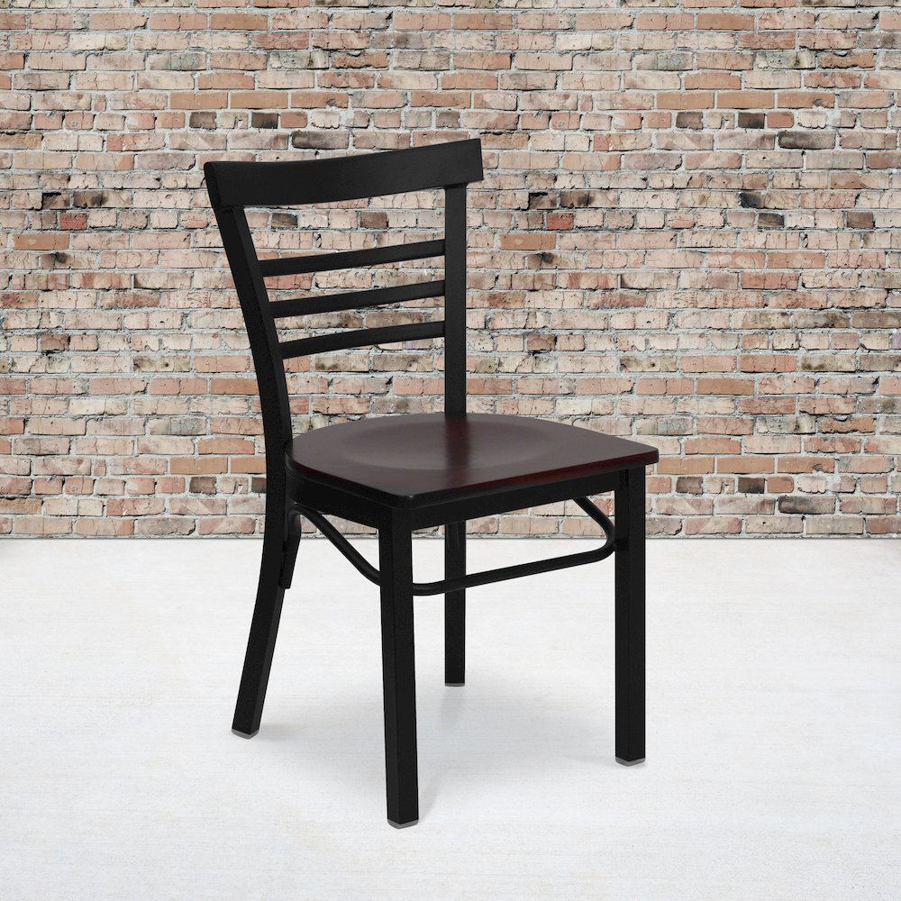 Black Three-Slat Ladder Back Metal Restaurant Chair - Mahogany Wood Seat. Picture 2