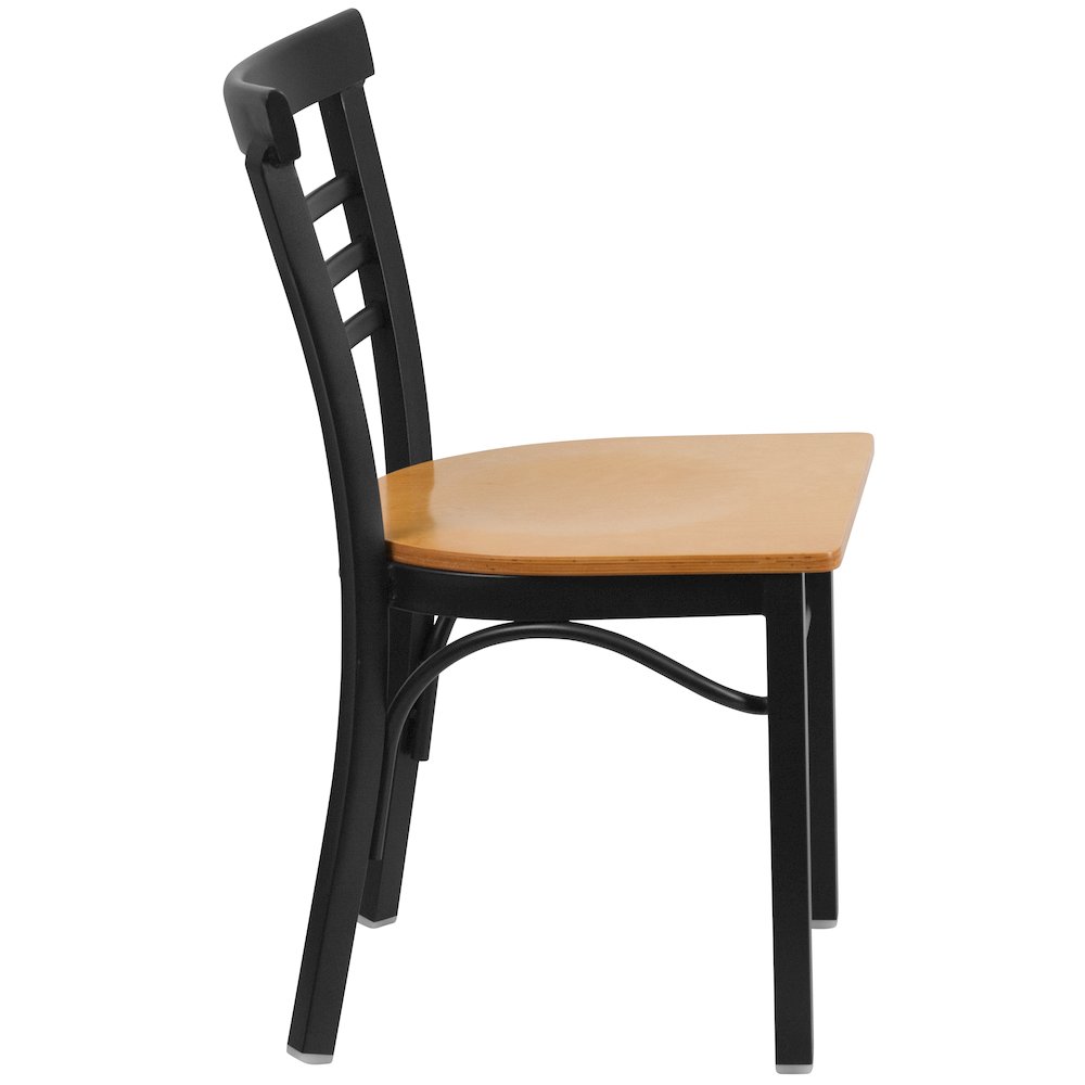 Black Three-Slat Ladder Back Metal Restaurant Chair - Natural Wood Seat. Picture 2