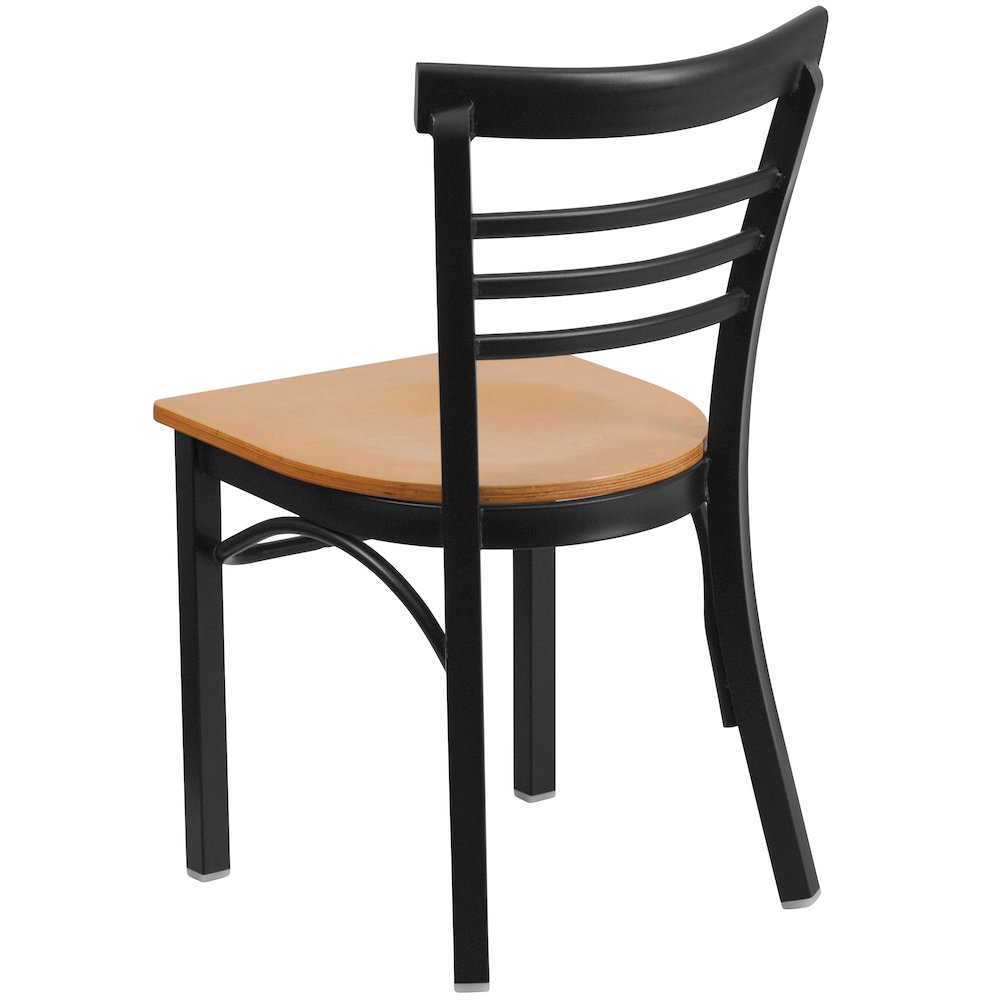 Black Three-Slat Ladder Back Metal Restaurant Chair - Natural Wood Seat. Picture 3