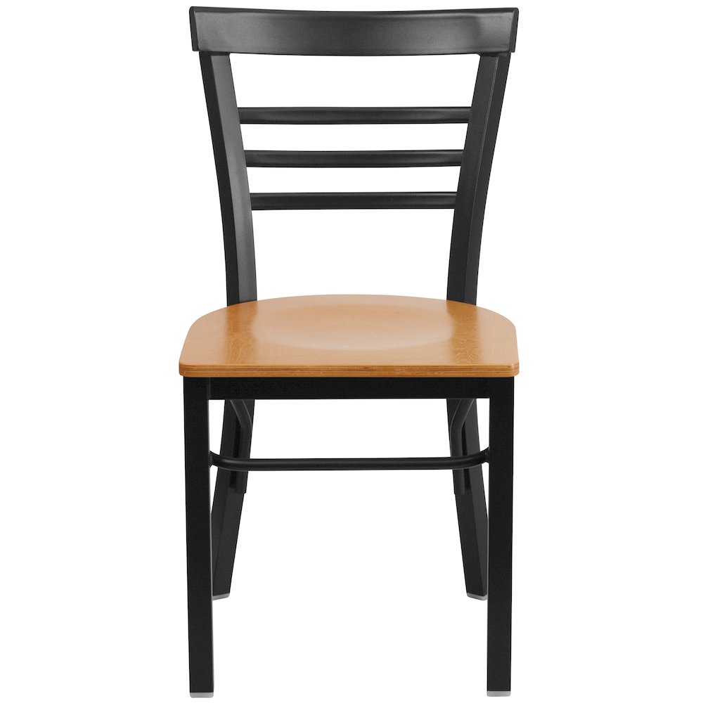 Black Three-Slat Ladder Back Metal Restaurant Chair - Natural Wood Seat. Picture 4