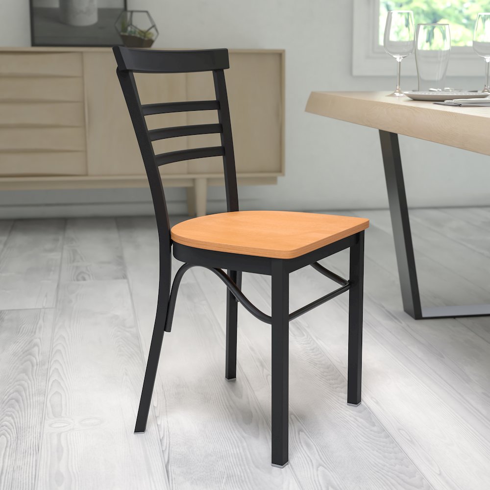 Black Three-Slat Ladder Back Metal Restaurant Chair - Natural Wood Seat. Picture 5