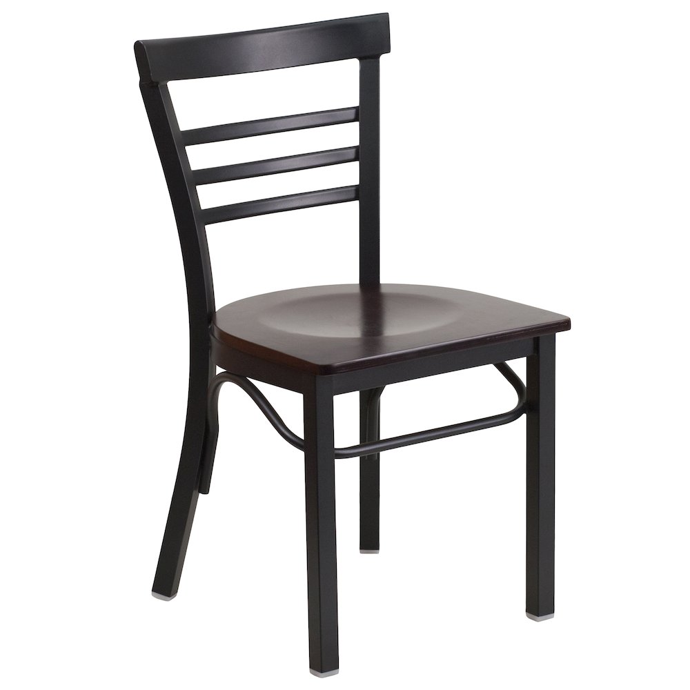 Black Three-Slat Ladder Back Metal Restaurant Chair - Walnut Wood Seat. Picture 1