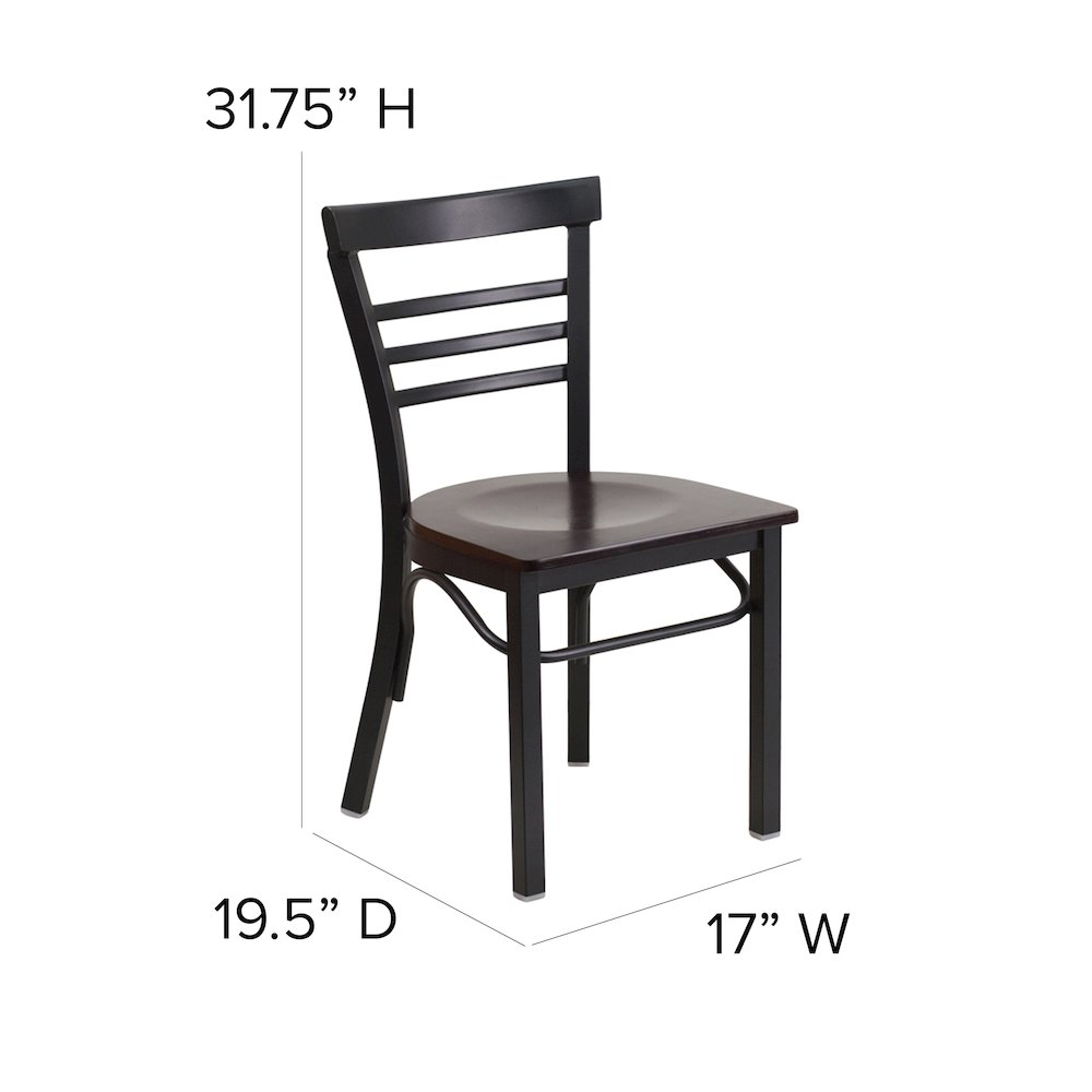 Black Three-Slat Ladder Back Metal Restaurant Chair - Walnut Wood Seat. Picture 5