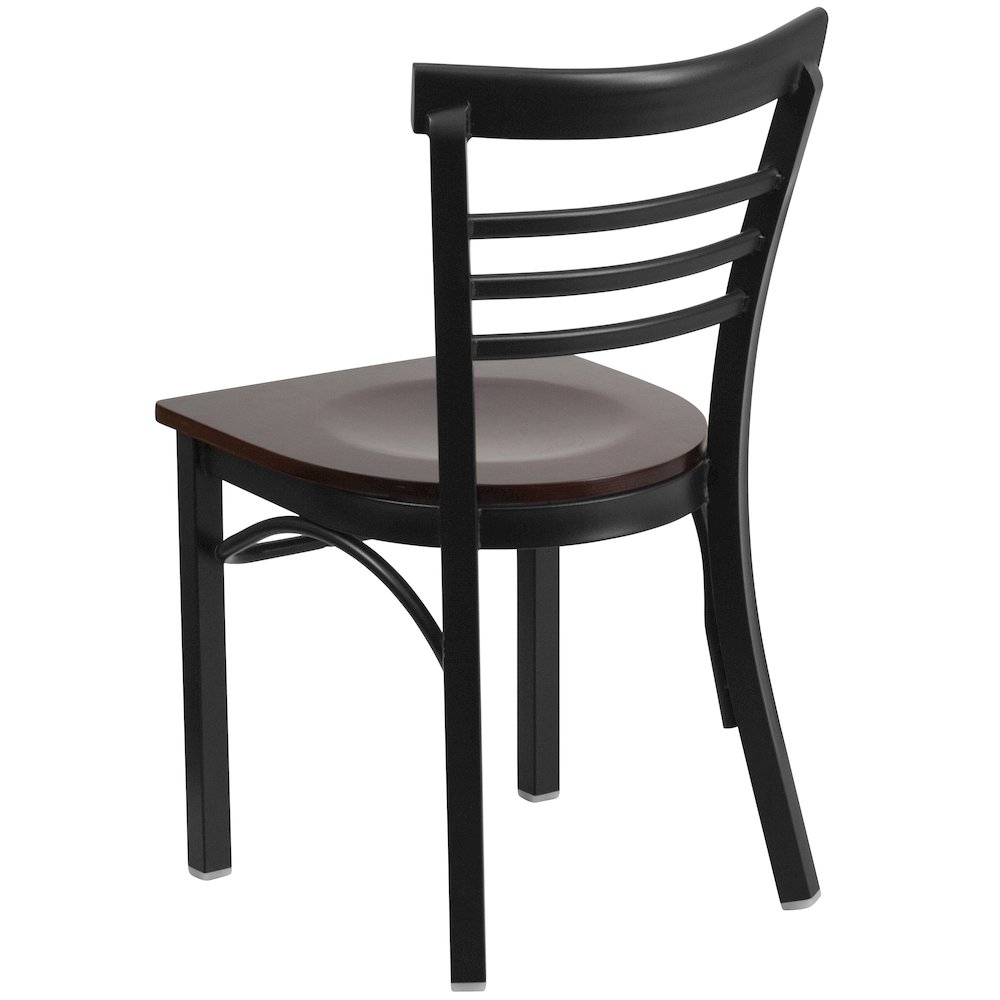 Black Three-Slat Ladder Back Metal Restaurant Chair - Walnut Wood Seat. Picture 3