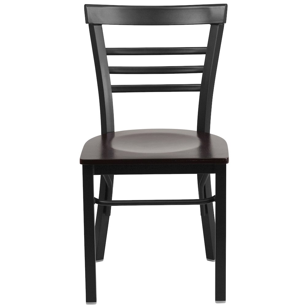 Black Three-Slat Ladder Back Metal Restaurant Chair - Walnut Wood Seat. Picture 4