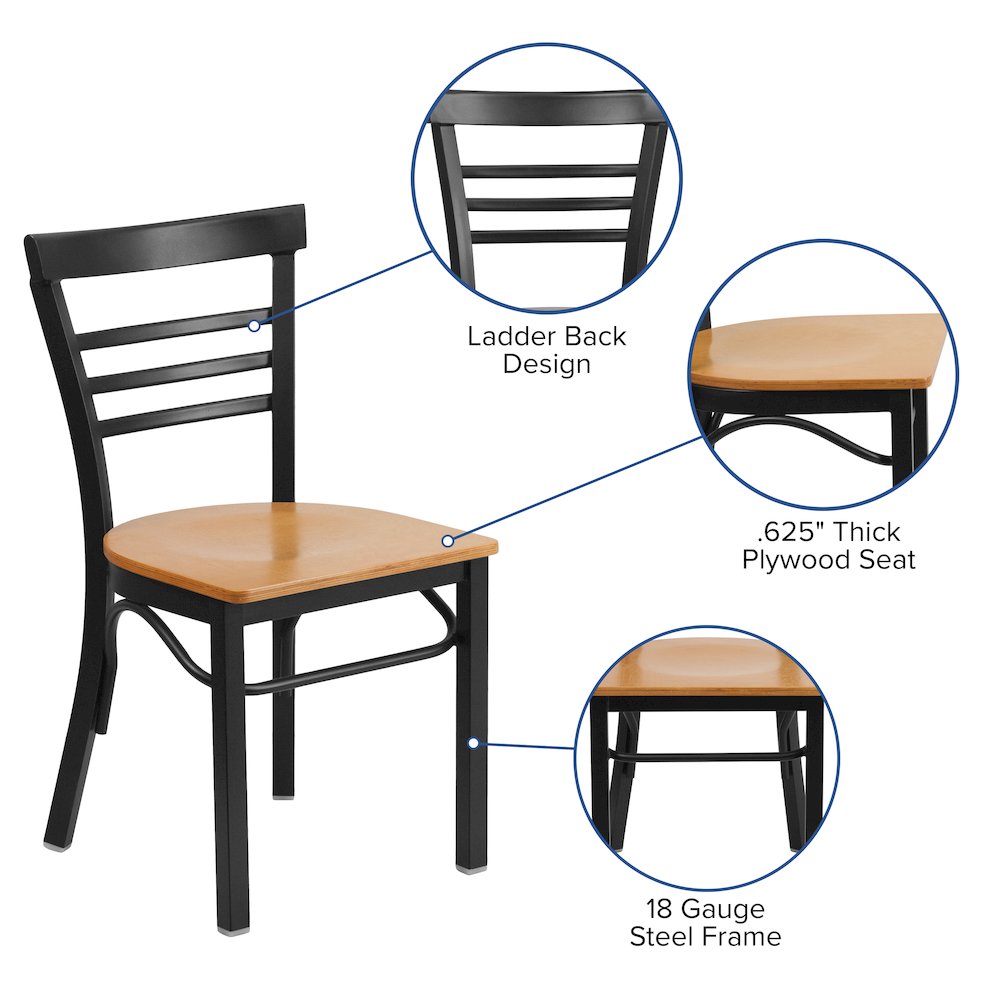 Black Three-Slat Ladder Back Metal Restaurant Chair - Walnut Wood Seat. Picture 4