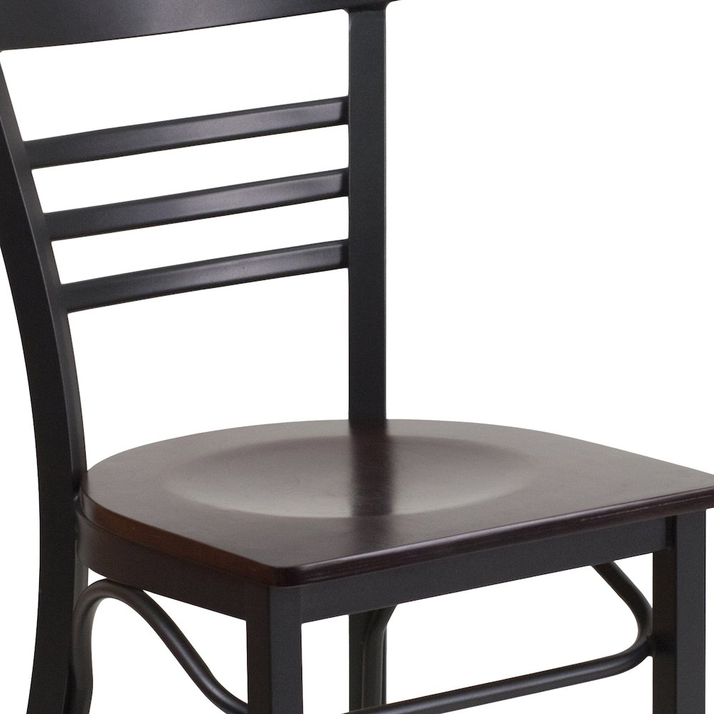 Black Three-Slat Ladder Back Metal Restaurant Chair - Walnut Wood Seat. Picture 7