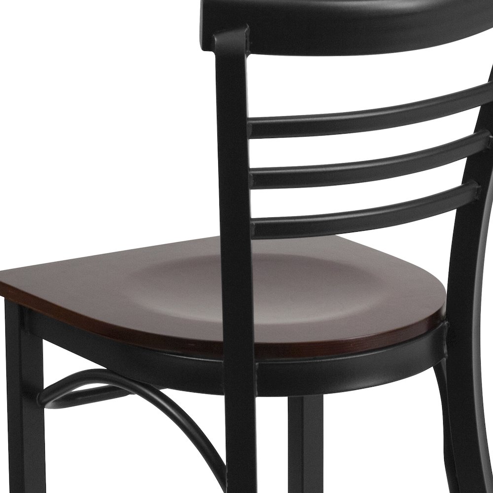 Black Three-Slat Ladder Back Metal Restaurant Chair - Walnut Wood Seat. Picture 10