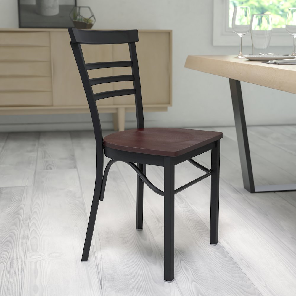 Black Three-Slat Ladder Back Metal Restaurant Chair - Walnut Wood Seat. Picture 5