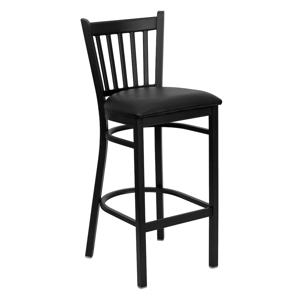 Black Vertical Back Metal Restaurant Barstool - Black Vinyl Seat. Picture 1