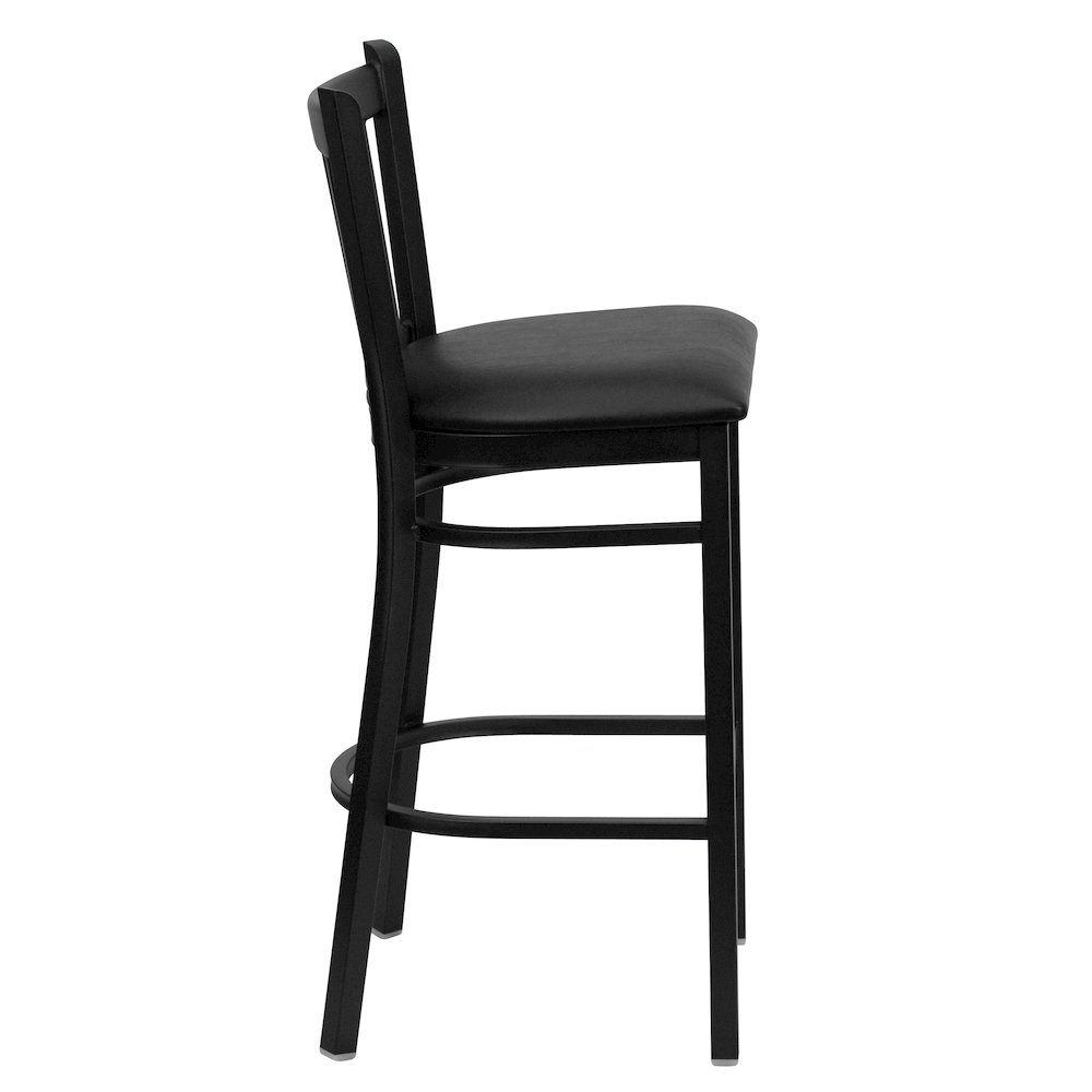 Black Vertical Back Metal Restaurant Barstool - Black Vinyl Seat. Picture 9
