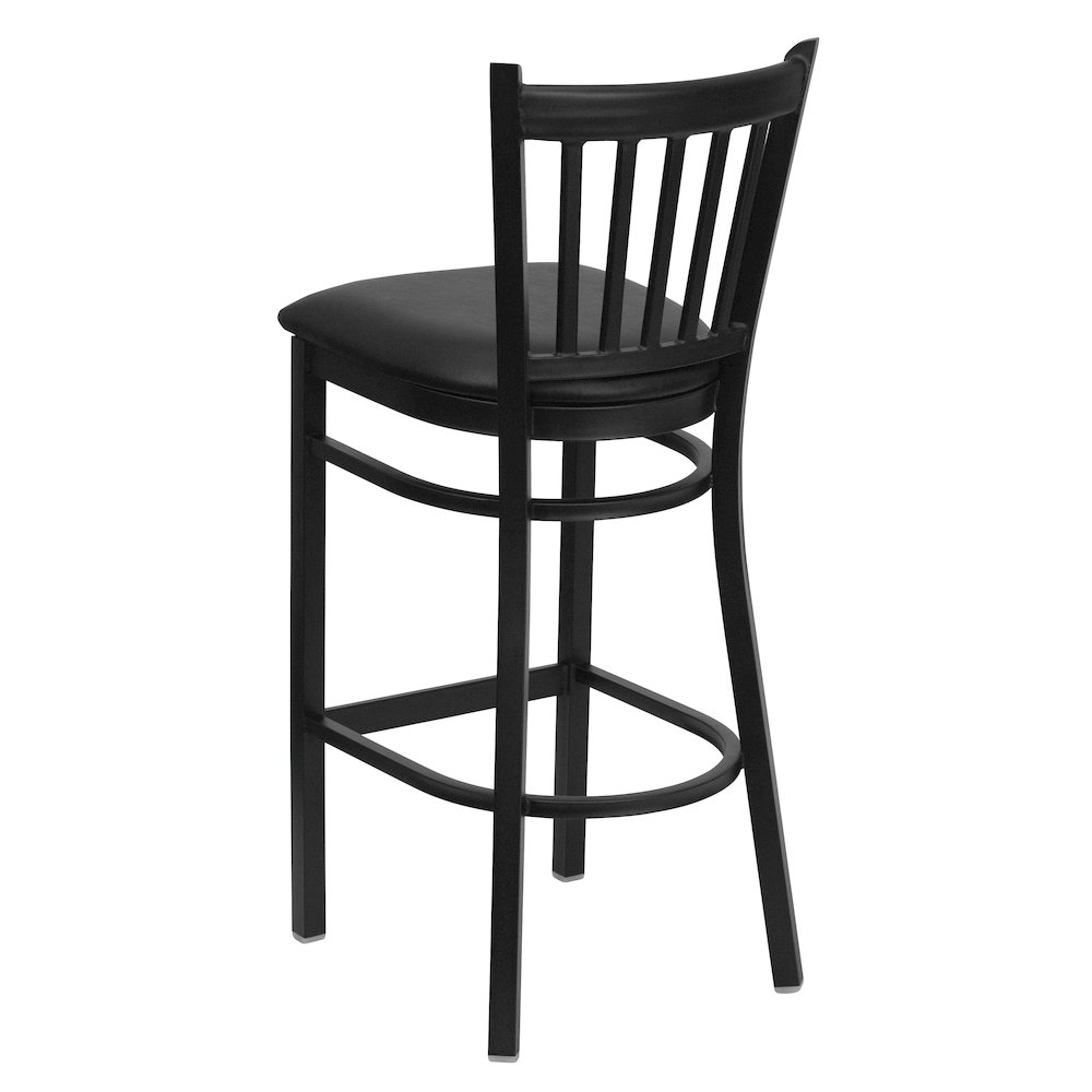 Black Vertical Back Metal Restaurant Barstool - Black Vinyl Seat. Picture 7