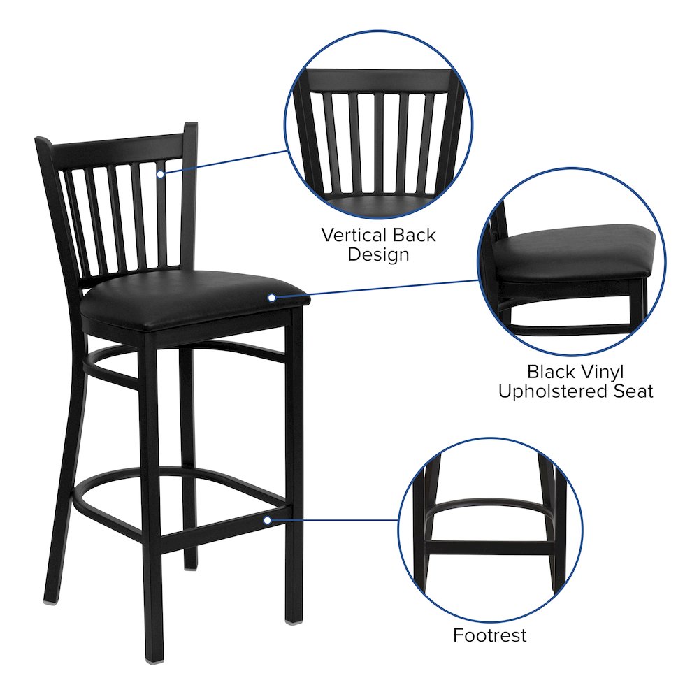 Black Vertical Back Metal Restaurant Barstool - Black Vinyl Seat. Picture 4