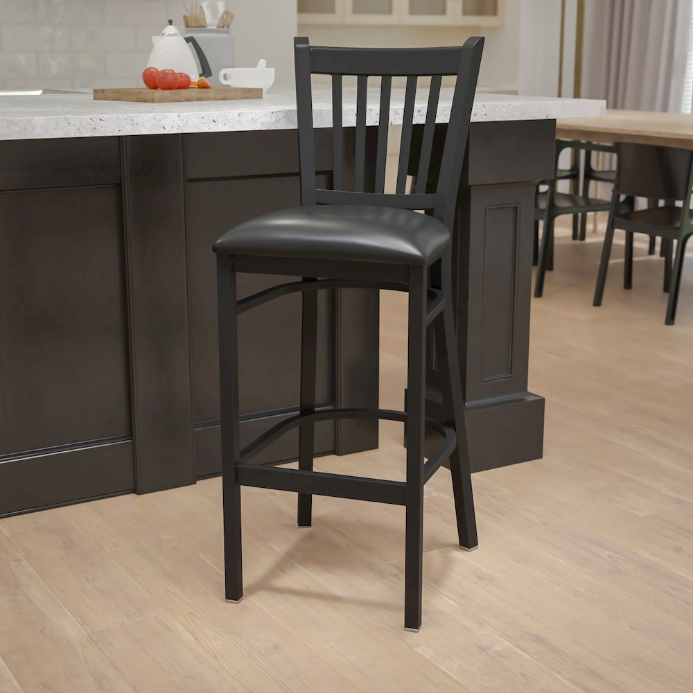Black Vertical Back Metal Restaurant Barstool - Black Vinyl Seat. Picture 6